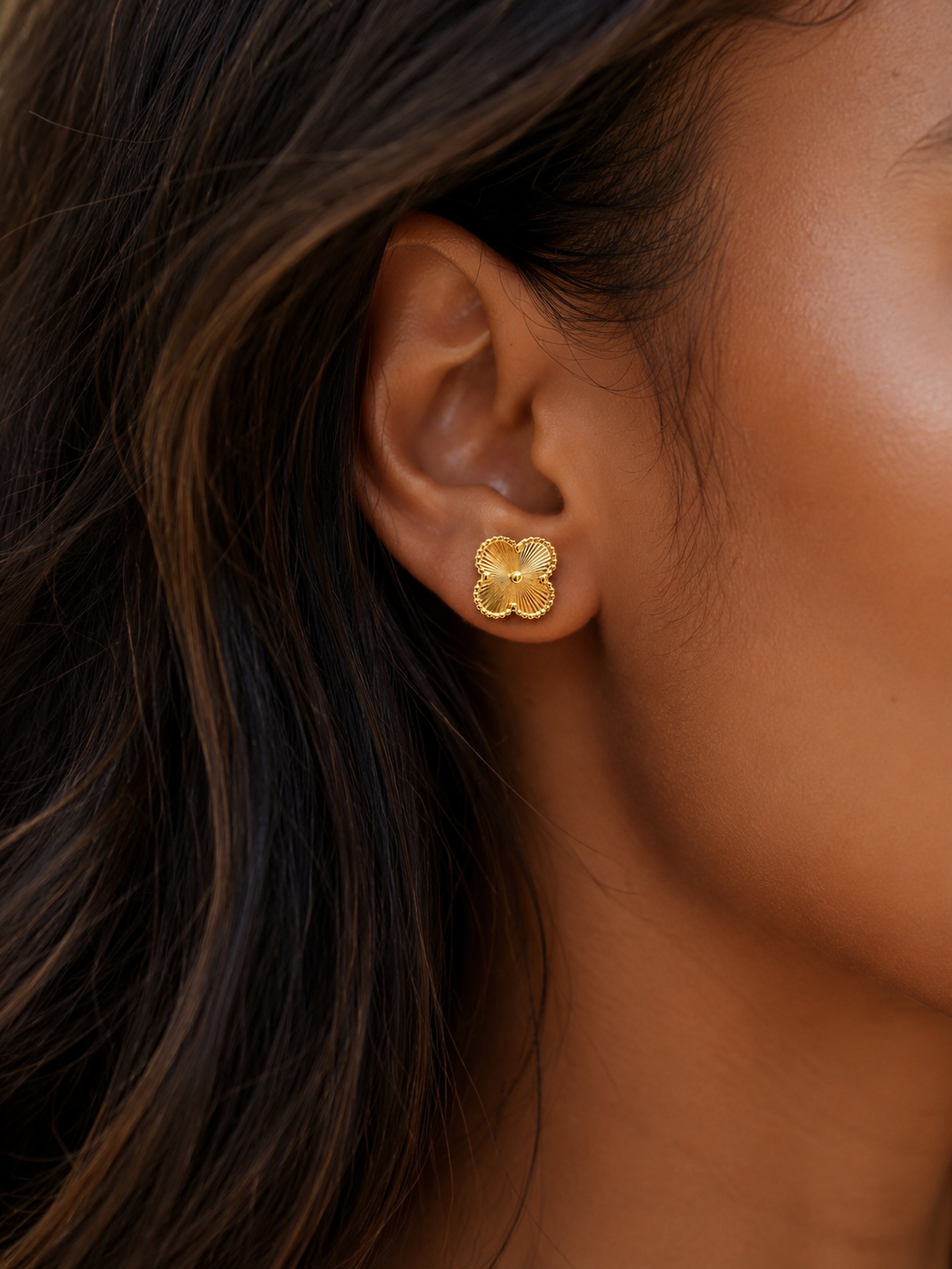 18K Solid Gold Clover Stud Earrings
