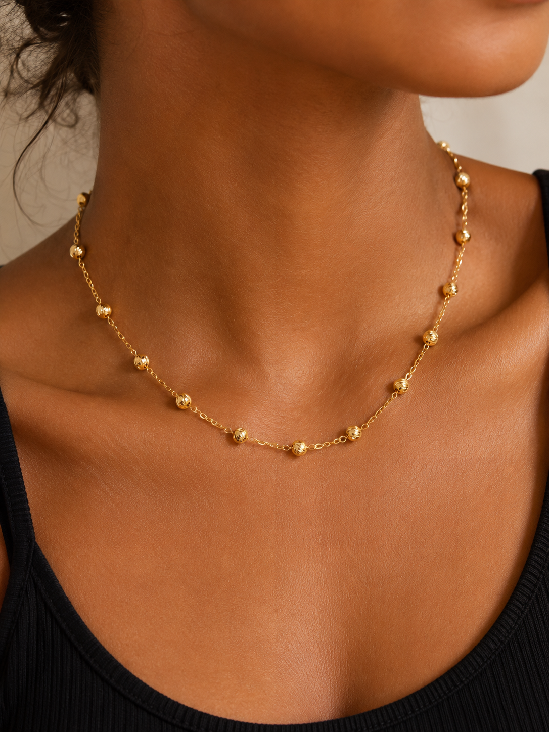 18K Solid Gold Beaded Station Necklace
