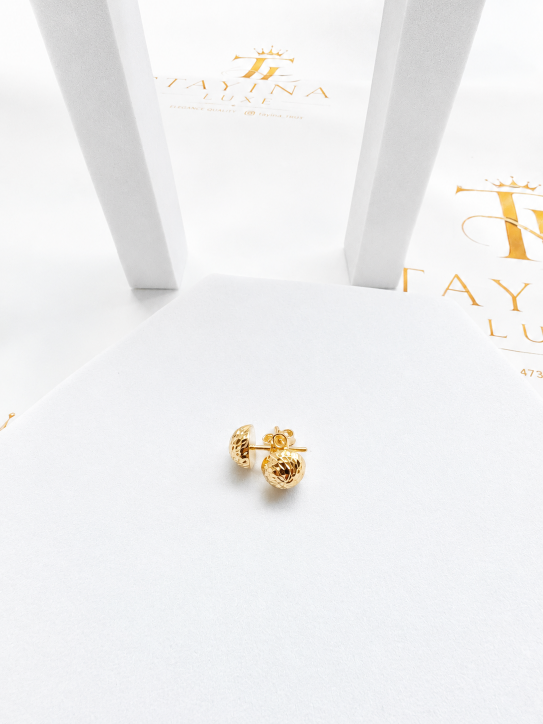 18K solid gold diamond-cut dome stud earrings
