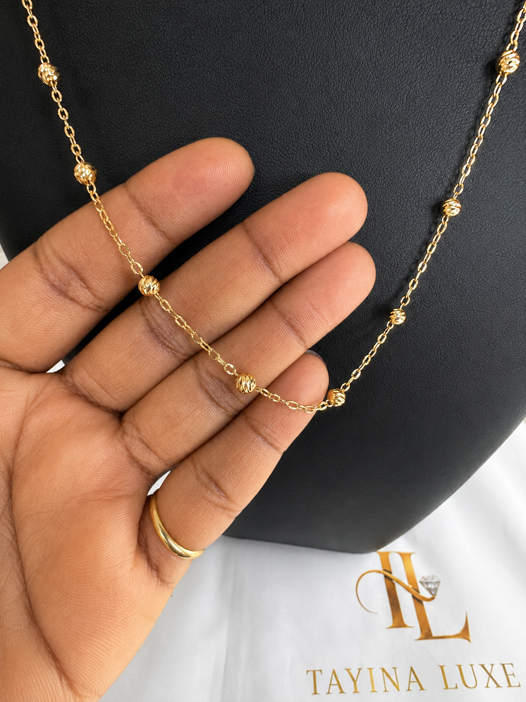 18K Solid Gold Beaded Station Necklace