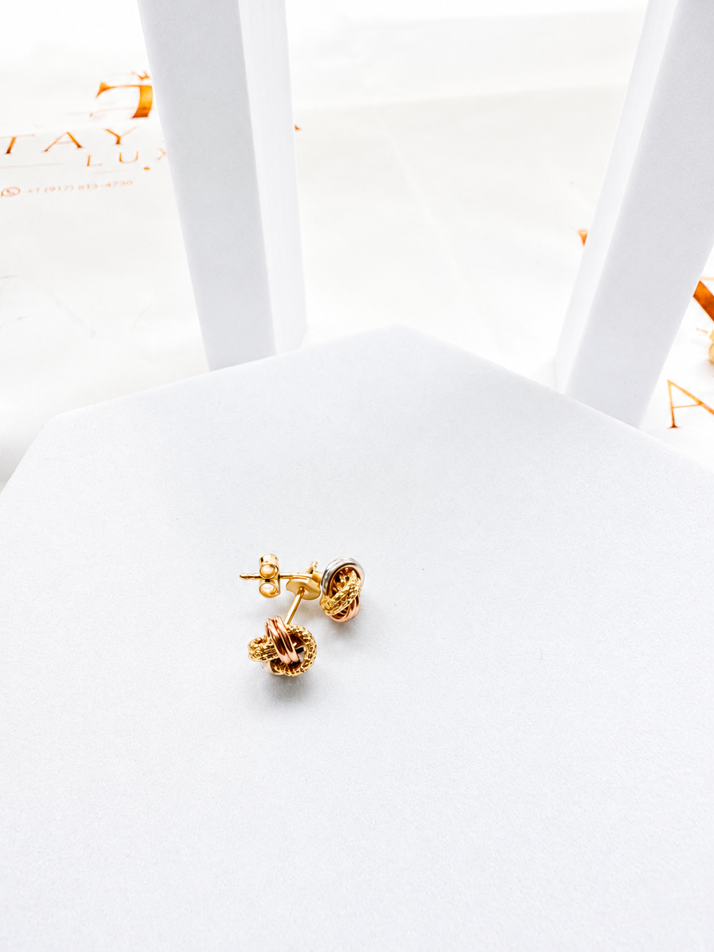 18K solid gold tri-tone knot stud earrings