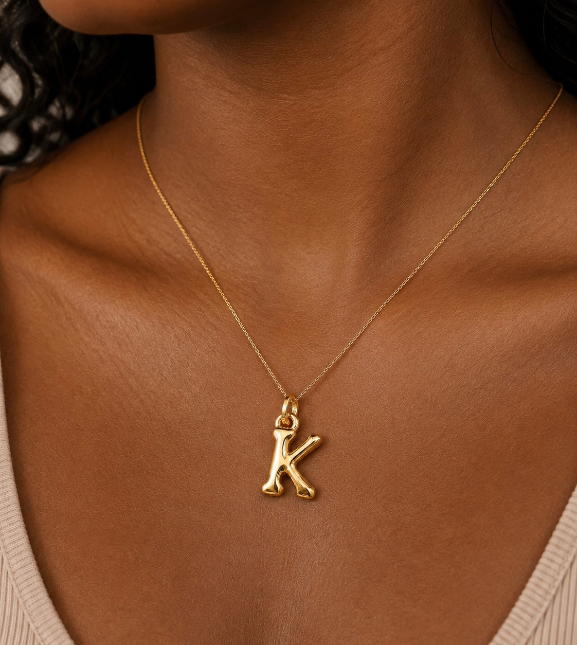 18K Solid Gold Bubble Letter “K” Bubble Pendant