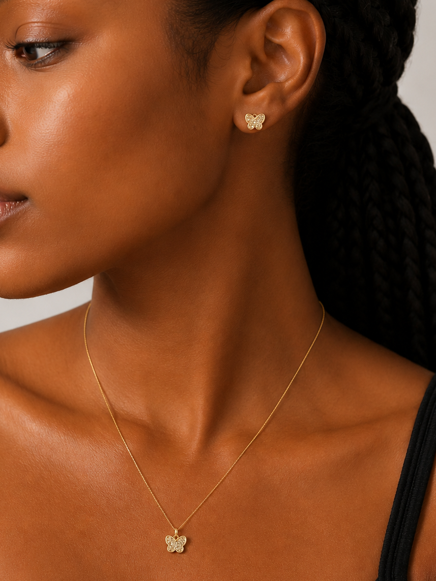18K Solid Gold Butterfly Jewelry Set