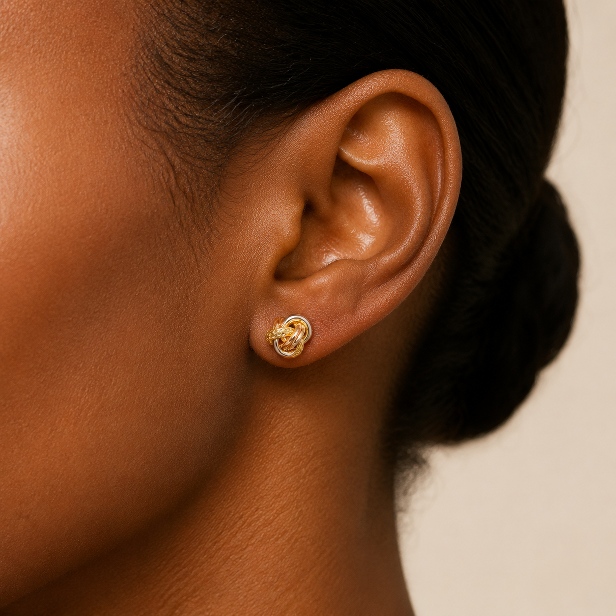 18K solid gold tri-tone knot stud earrings