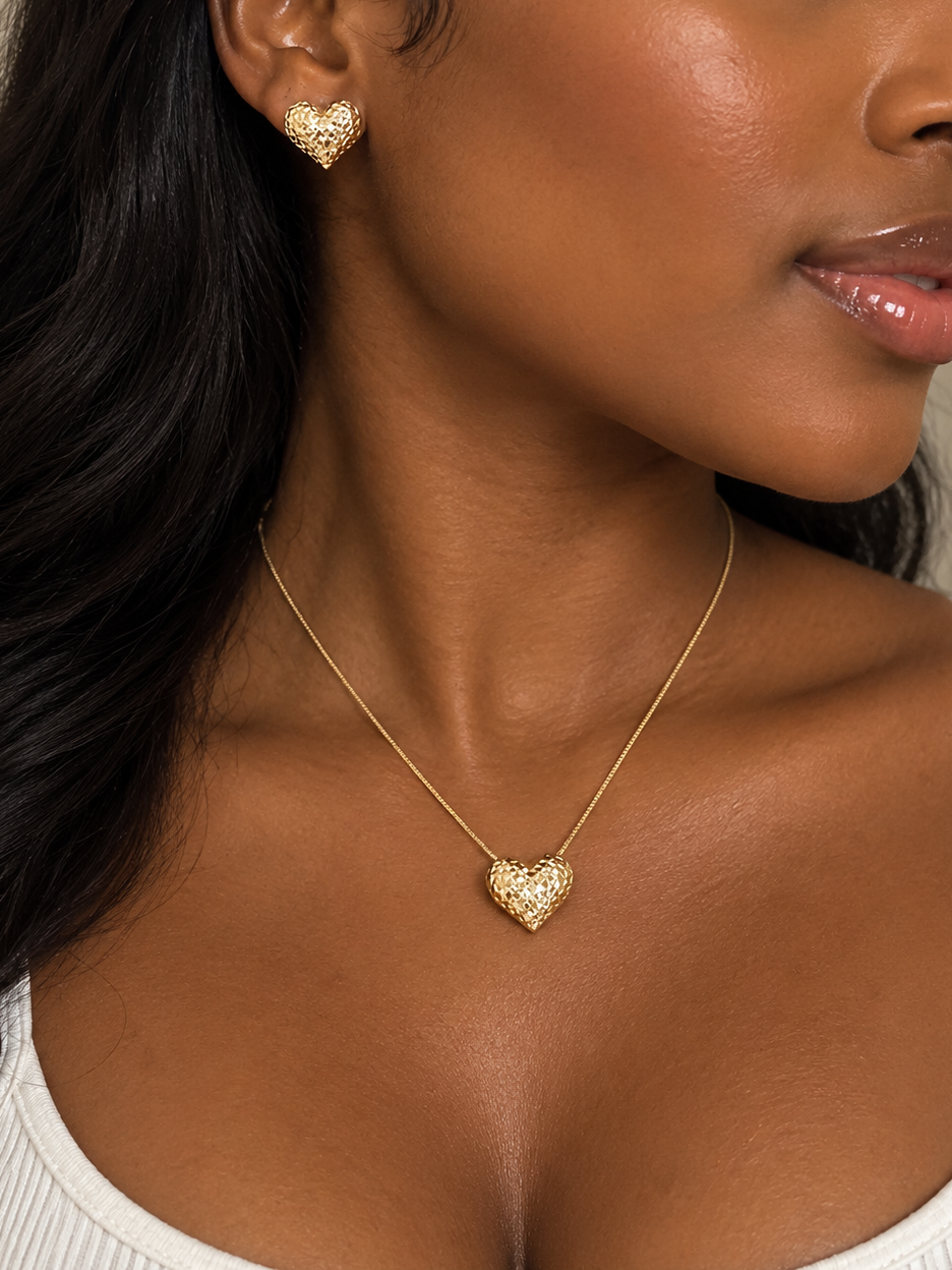 18K Solid Gold Diamond-Cut Heart Jewelry Set