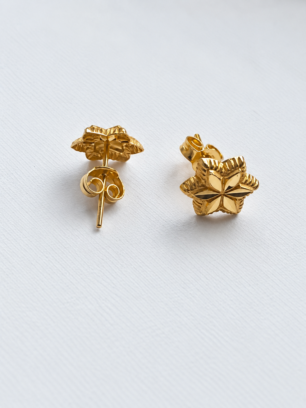 21K Solid Gold Star Diamond-Cut Stud Earrings