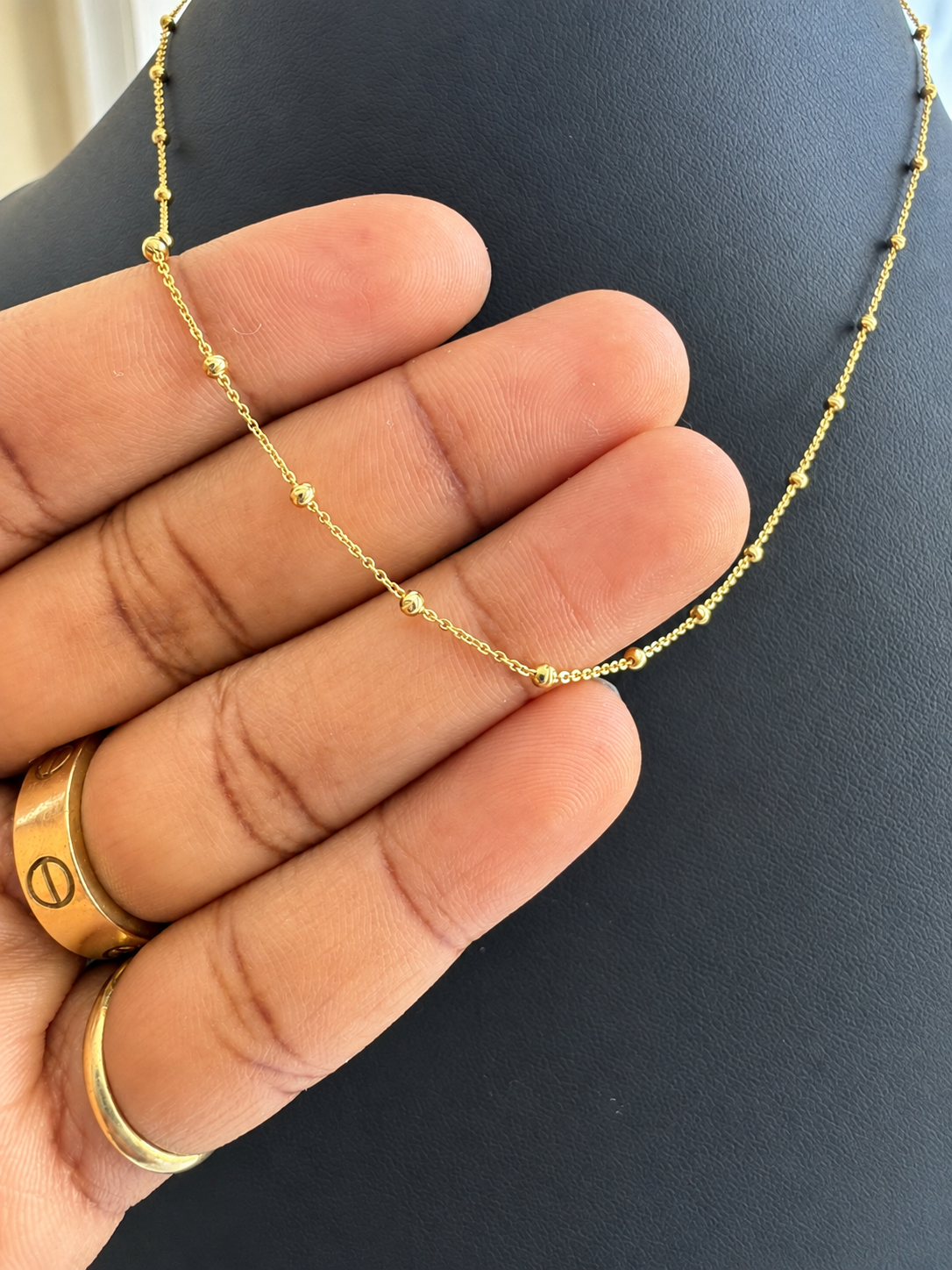 18K Solid Gold Beaded Station Necklace