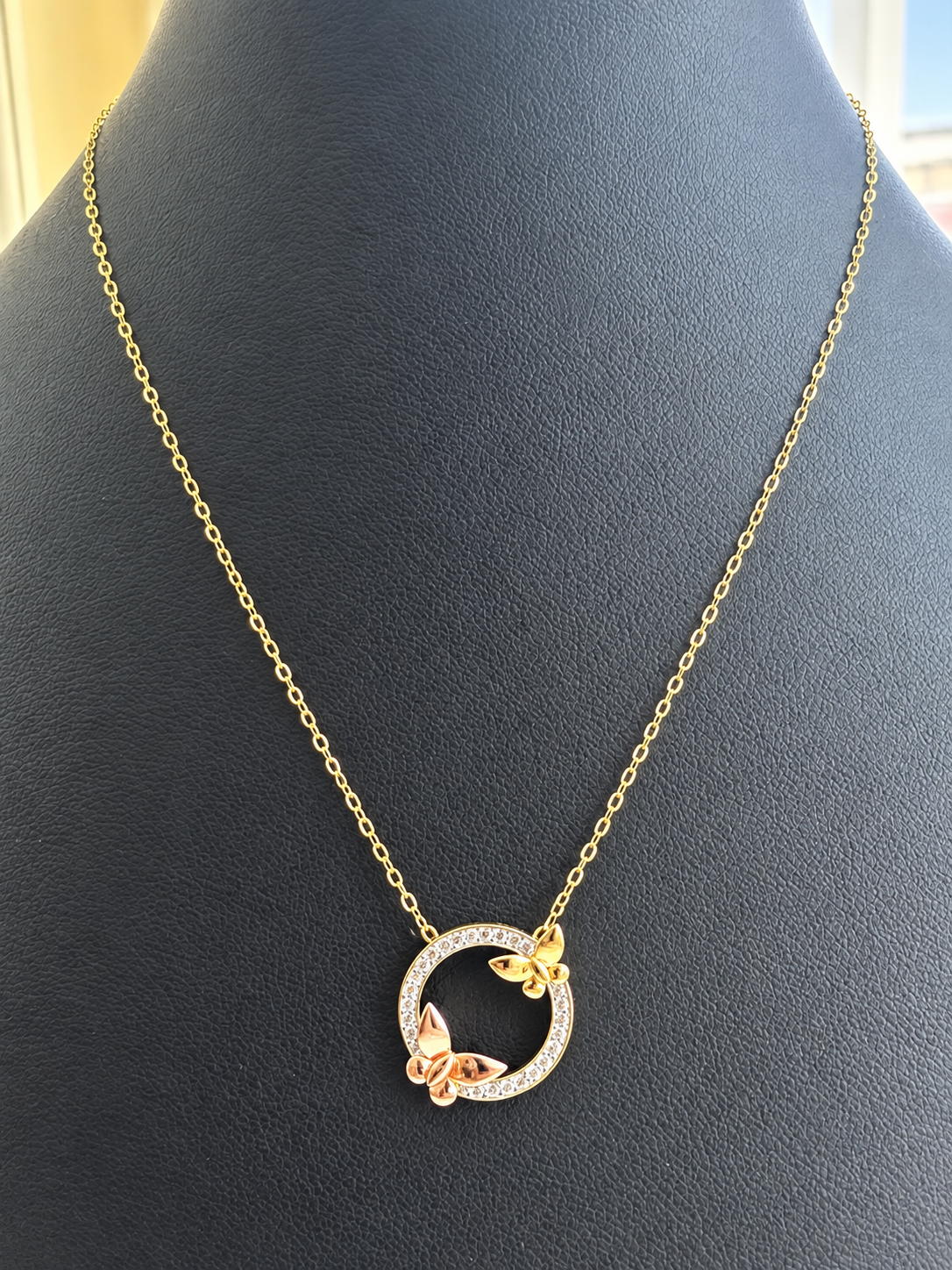 18K Solid Gold Dainty Two-Tone Butterfly Circle Necklace