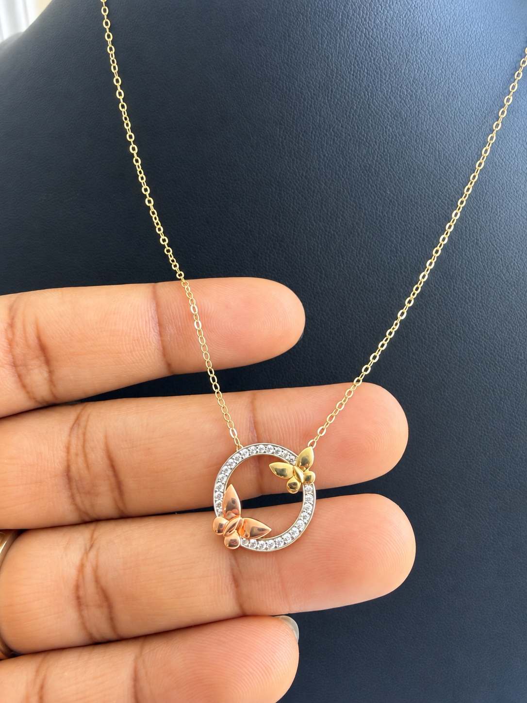 18K Solid Gold Dainty Two-Tone Butterfly Circle Necklace