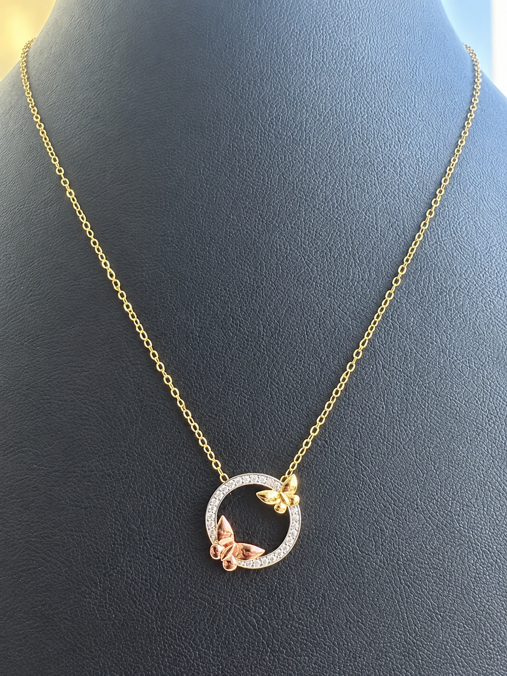 18K Solid Gold Dainty Two-Tone Butterfly Circle Necklace