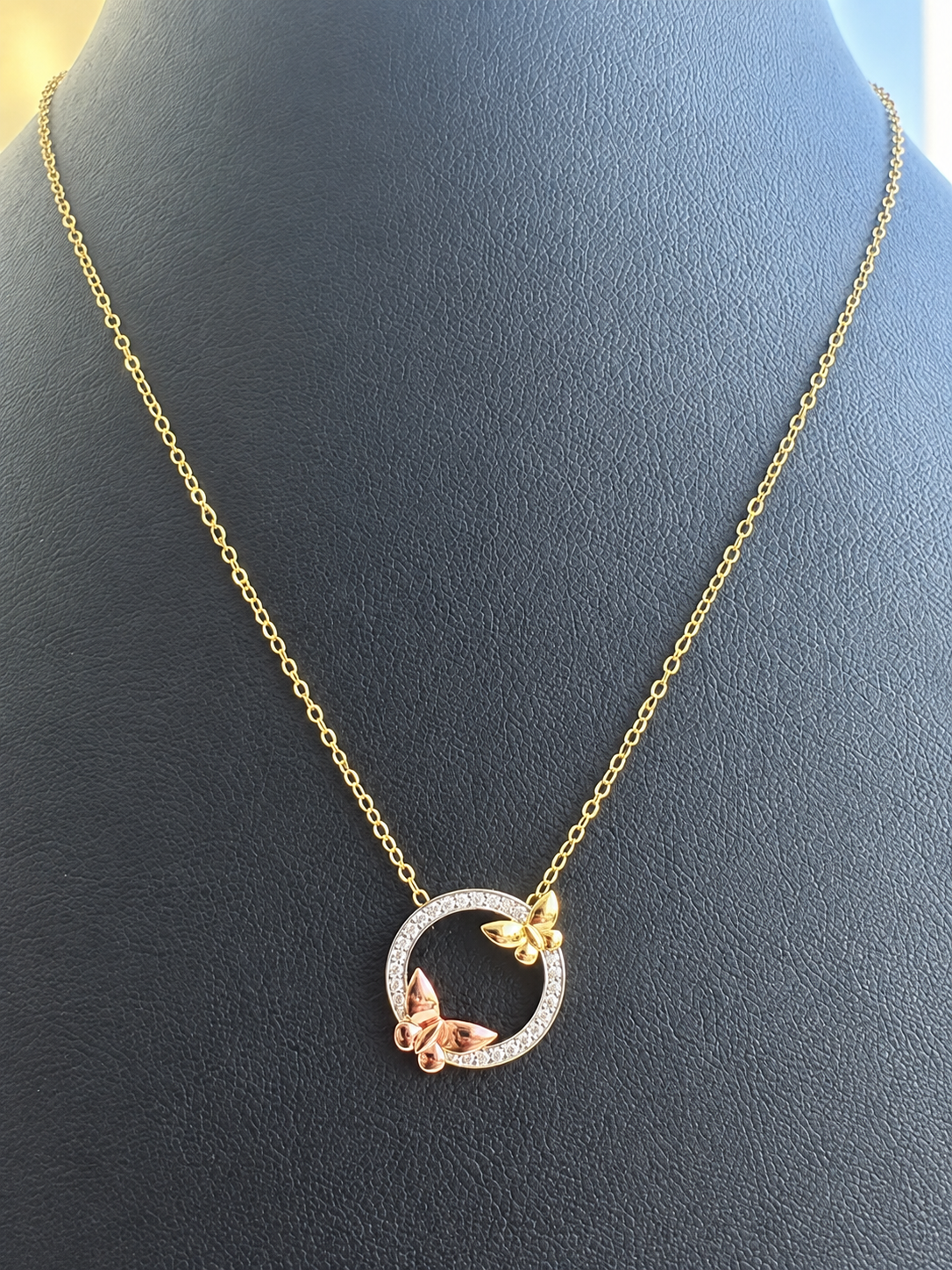 18K Solid Gold Dainty Two-Tone Butterfly Circle Necklace