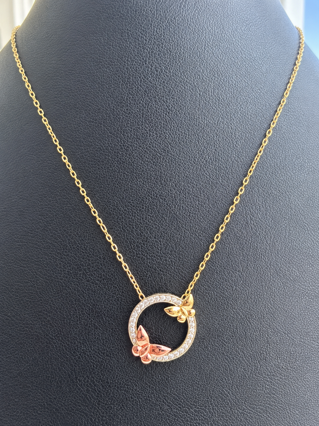 18K Solid Gold Dainty Two-Tone Butterfly Circle Necklace
