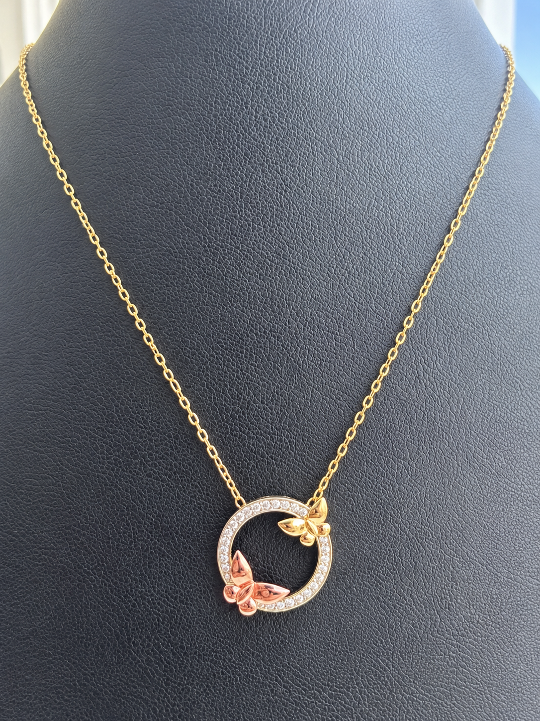 18K Solid Gold Dainty Two-Tone Butterfly Circle Necklace
