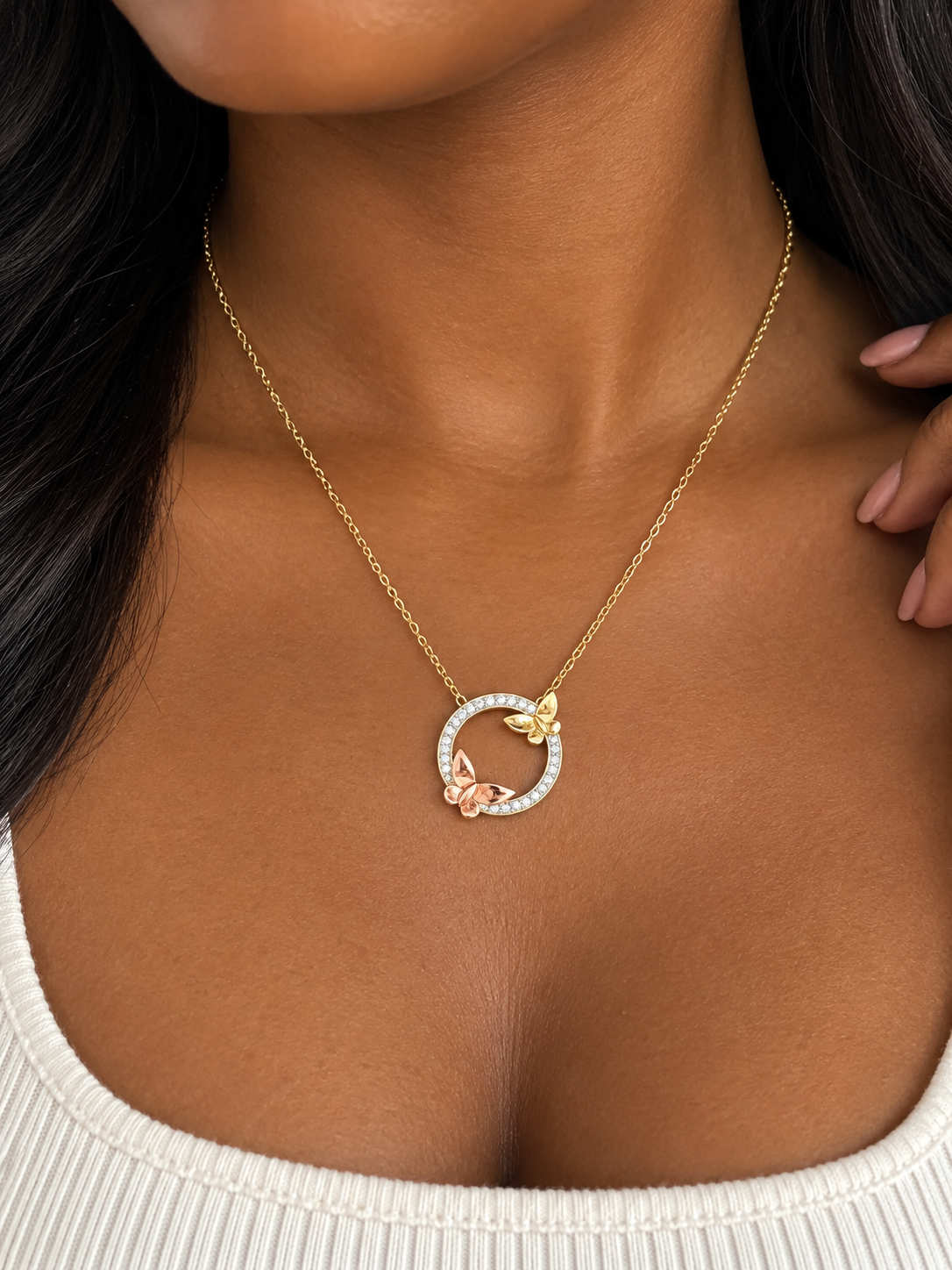 18K Solid Gold Dainty Two-Tone Butterfly Circle Necklace