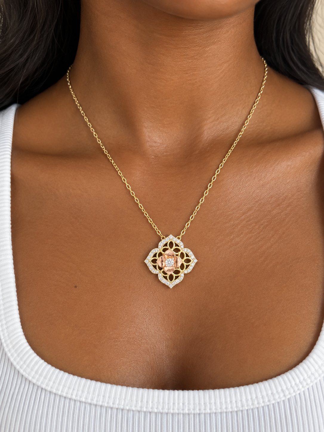18K Solid Gold Dainty Floral Filigree Pendant Necklace