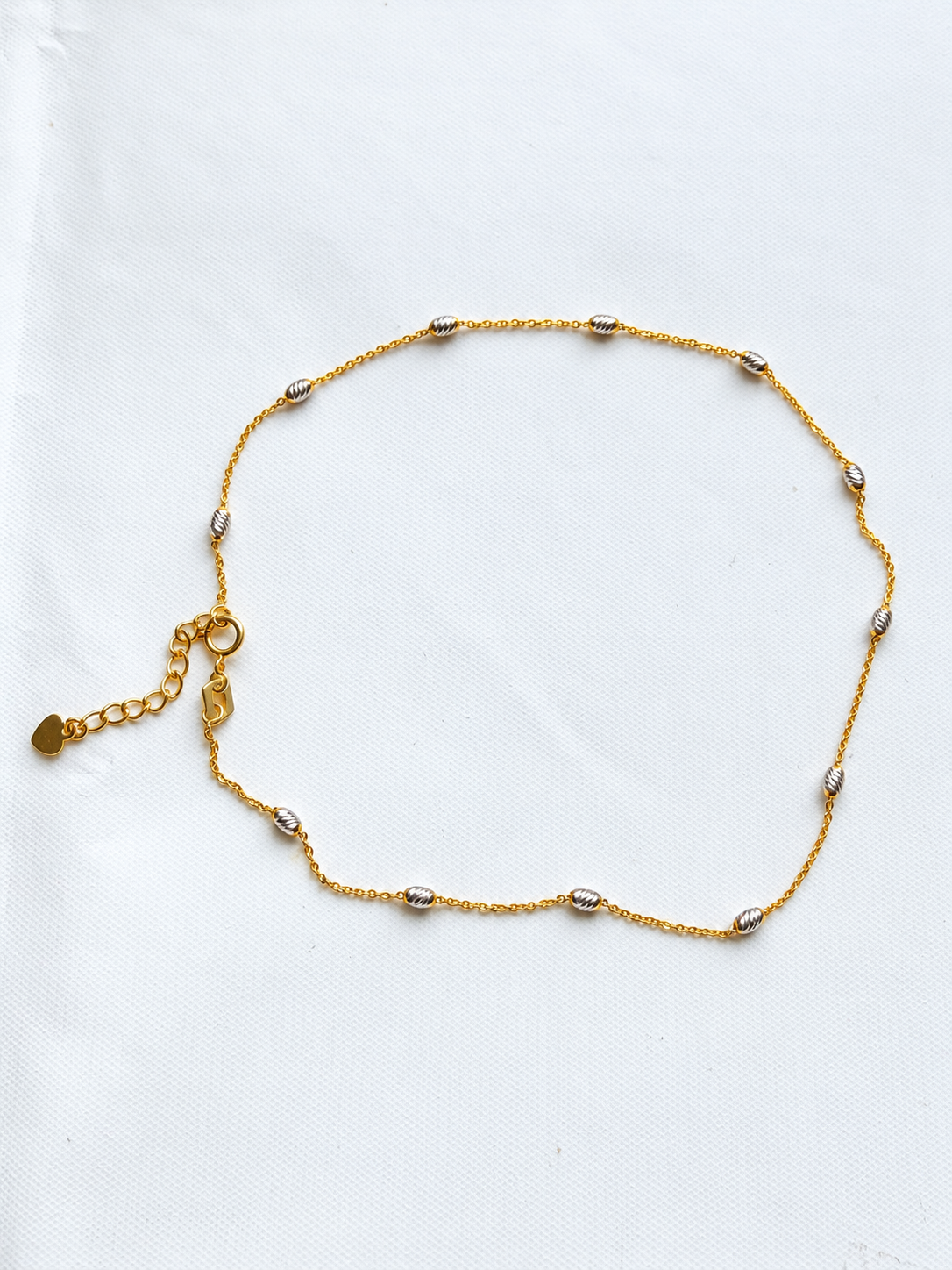 18K Solid Gold Two-Tone Beaded Station Anklets