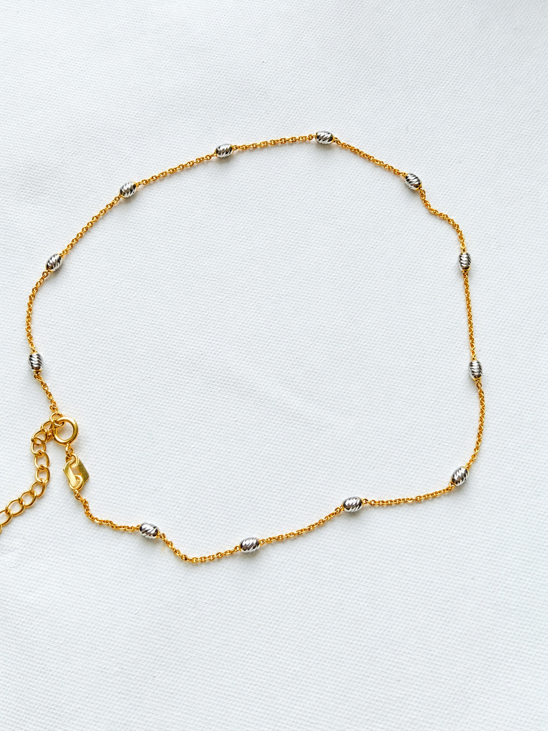 18K Solid Gold Two-Tone Beaded Station Anklets