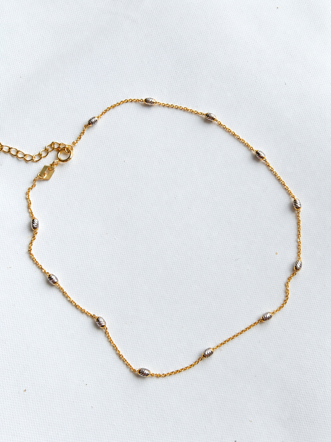 18K Solid Gold Two-Tone Beaded Station Anklets