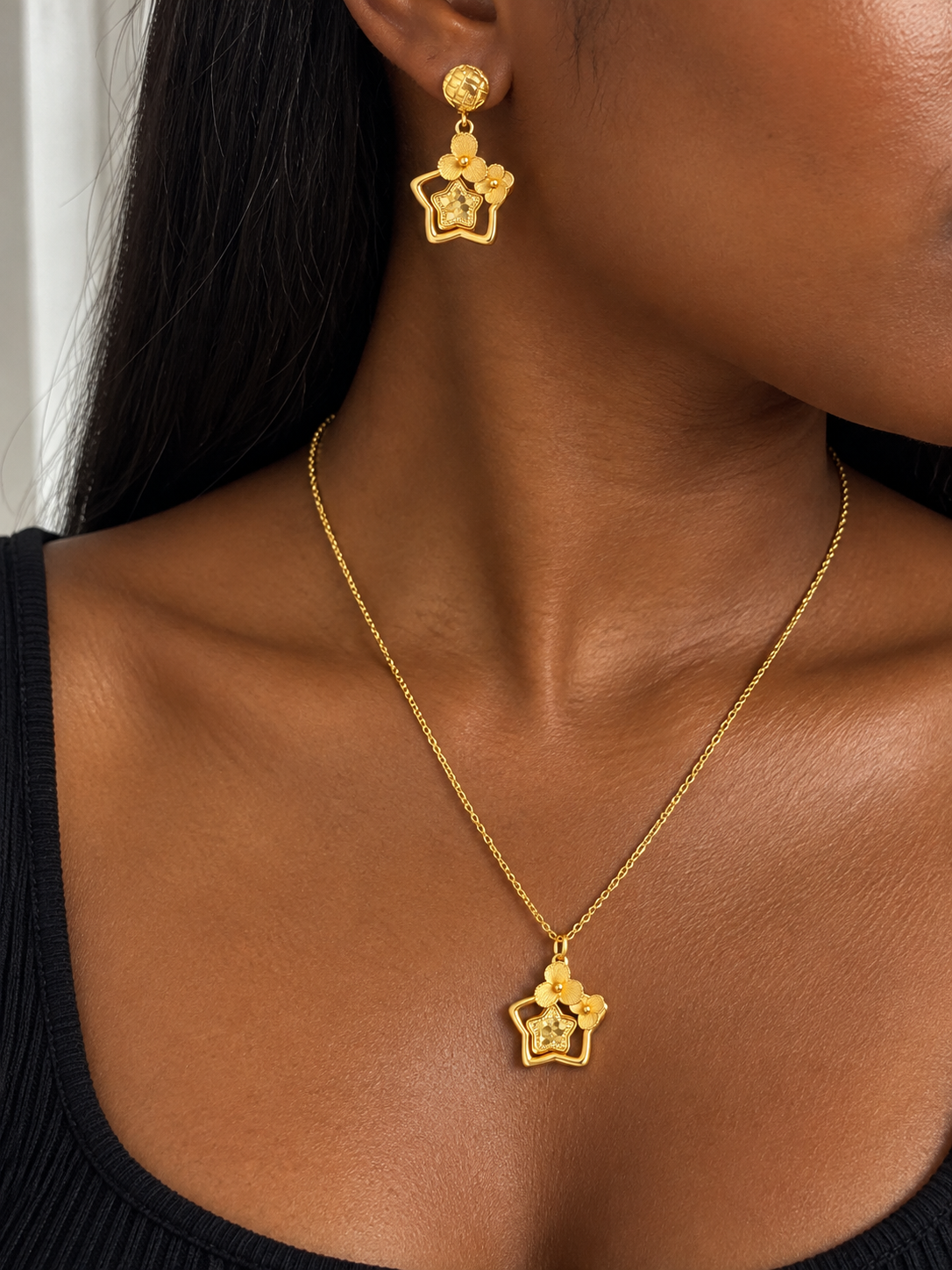 21K Solid Gold Star & Floral Jewelry Set