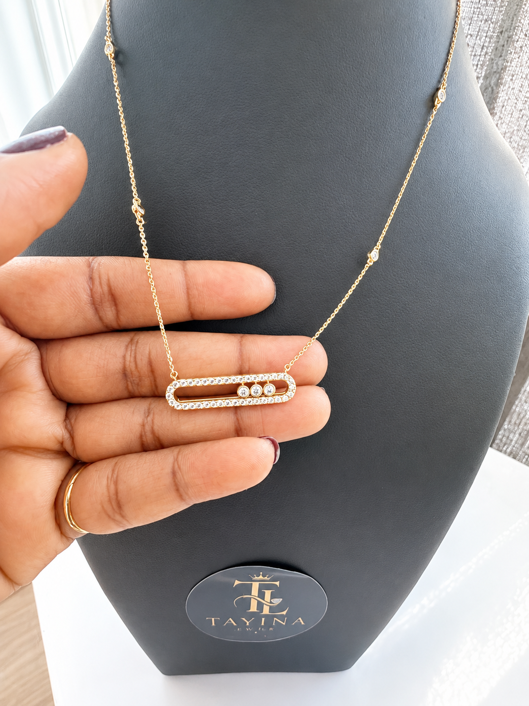 18K Solid Gold Open Bar Pendant Necklace