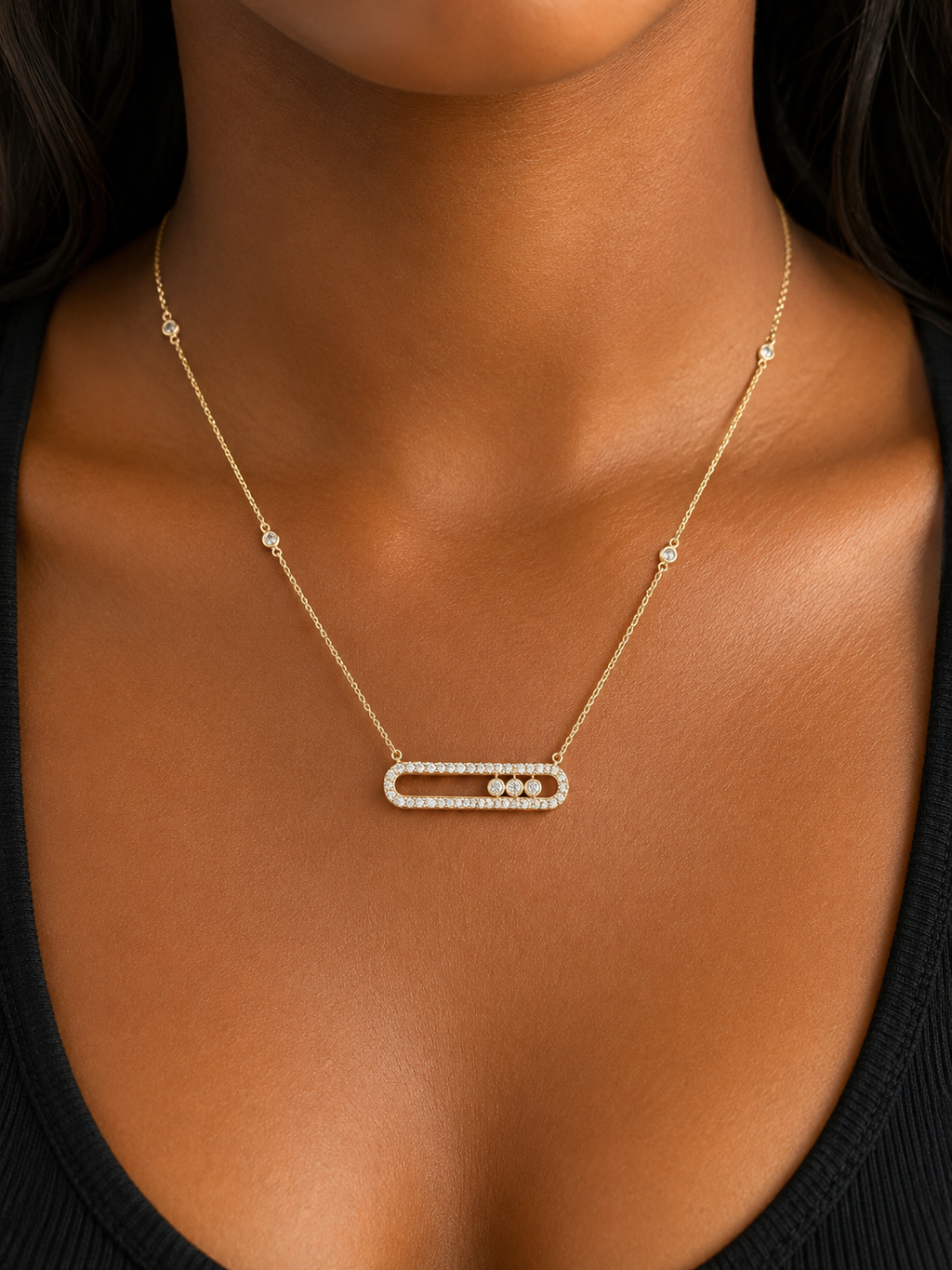 18K Solid Gold Open Bar Pendant Necklace