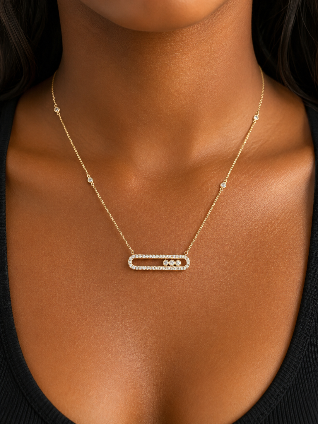 18K Solid Gold Open Bar Pendant Necklace
