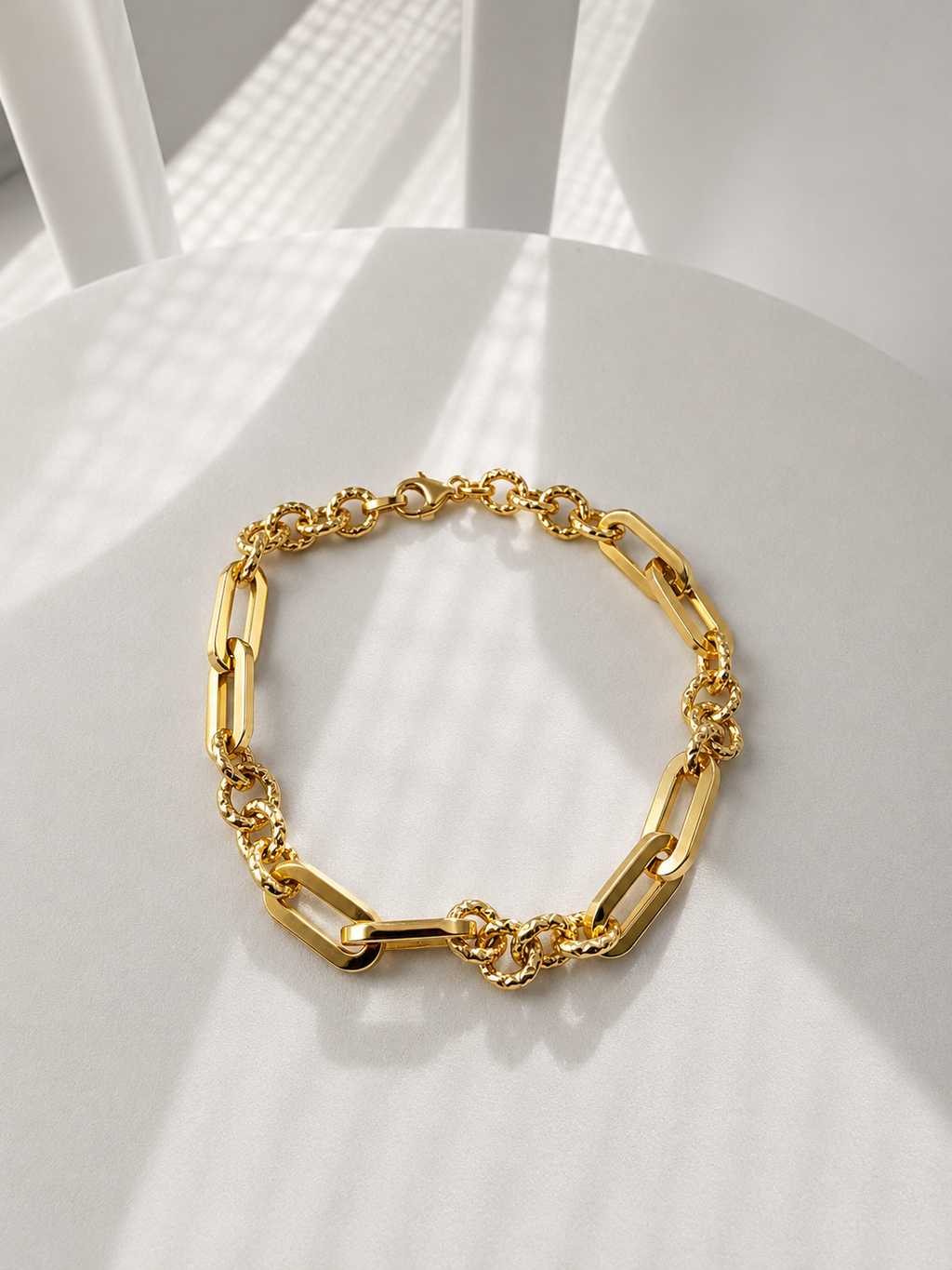 18K Solid Gold Paperclip & Textured Link Bracelet