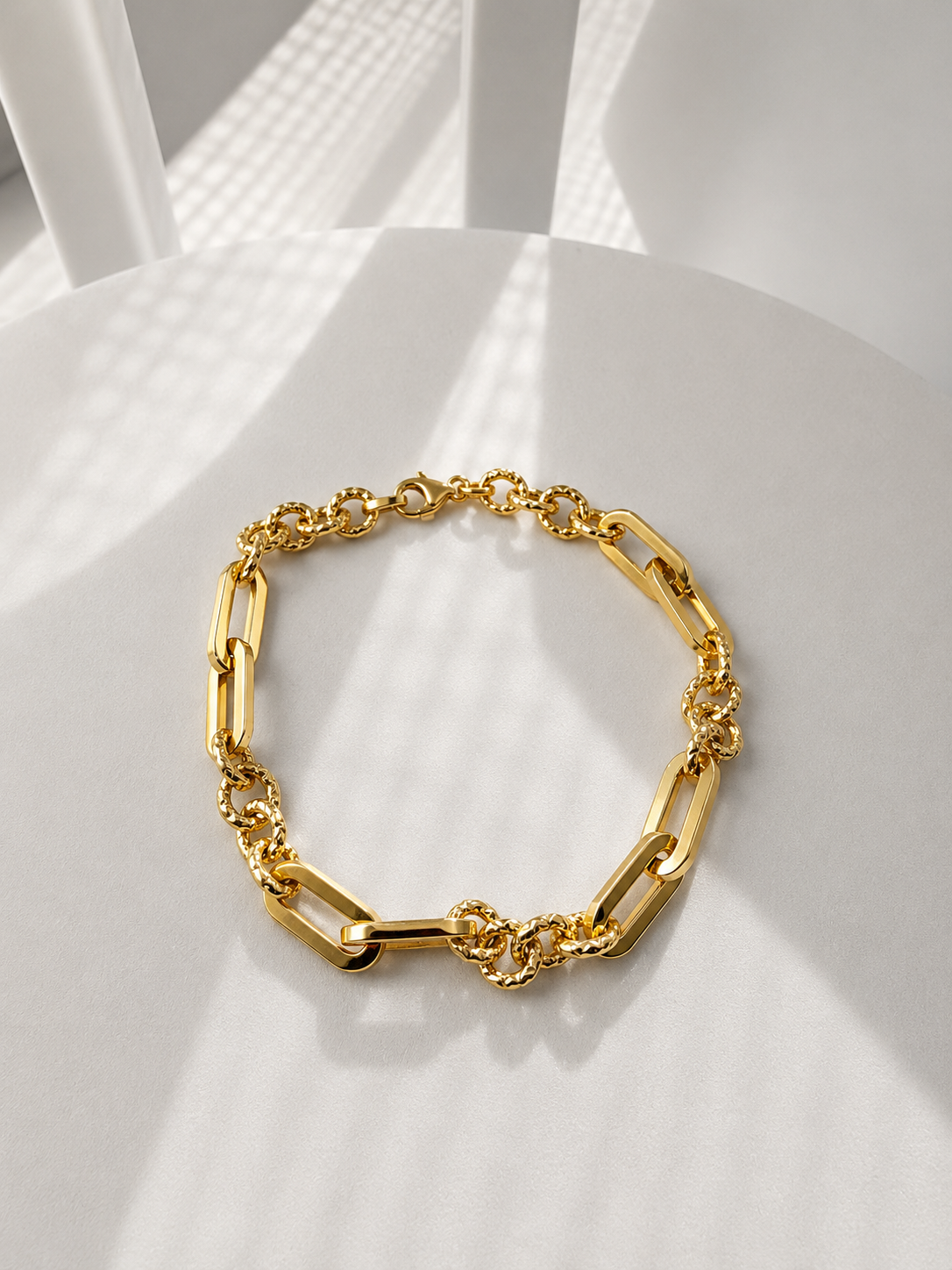18K Solid Gold Paperclip & Textured Link Bracelet