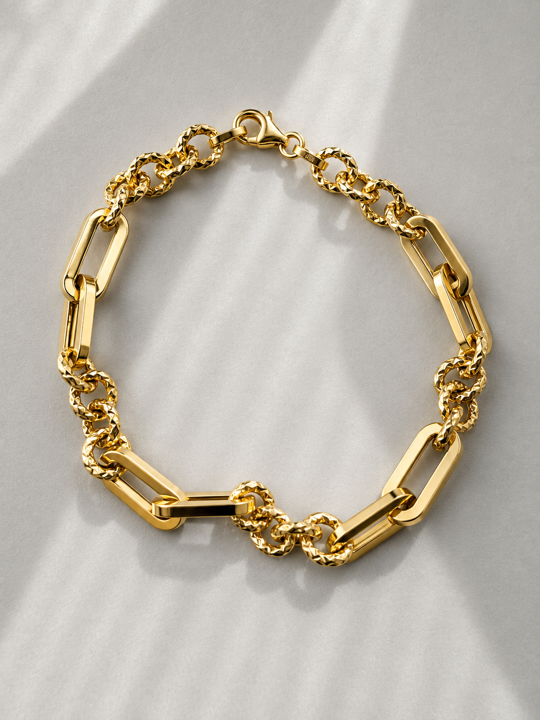 18K Solid Gold Paperclip & Textured Link Bracelet