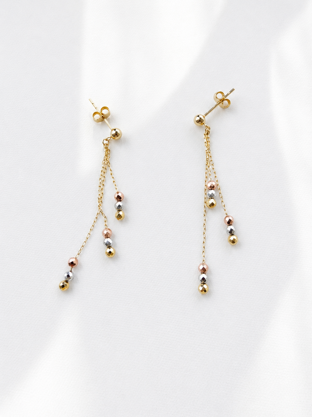 18K Solid Gold Tri-Tone Beaded Drop Earrings