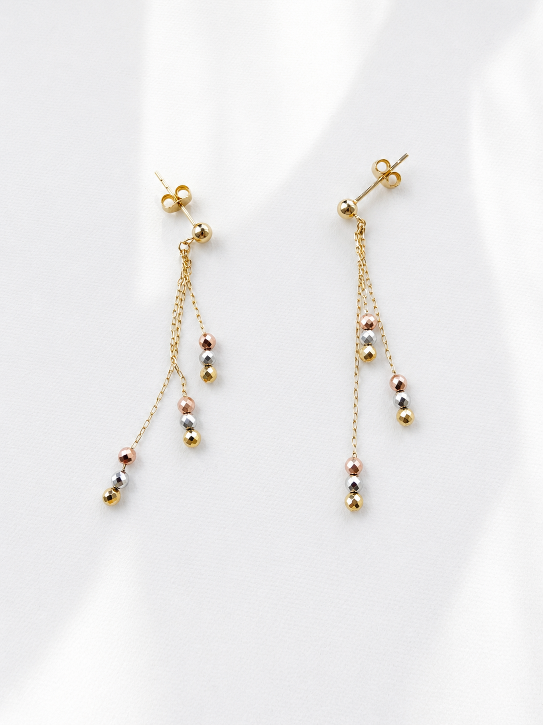 18K Solid Gold Tri-Tone Beaded Drop Earrings