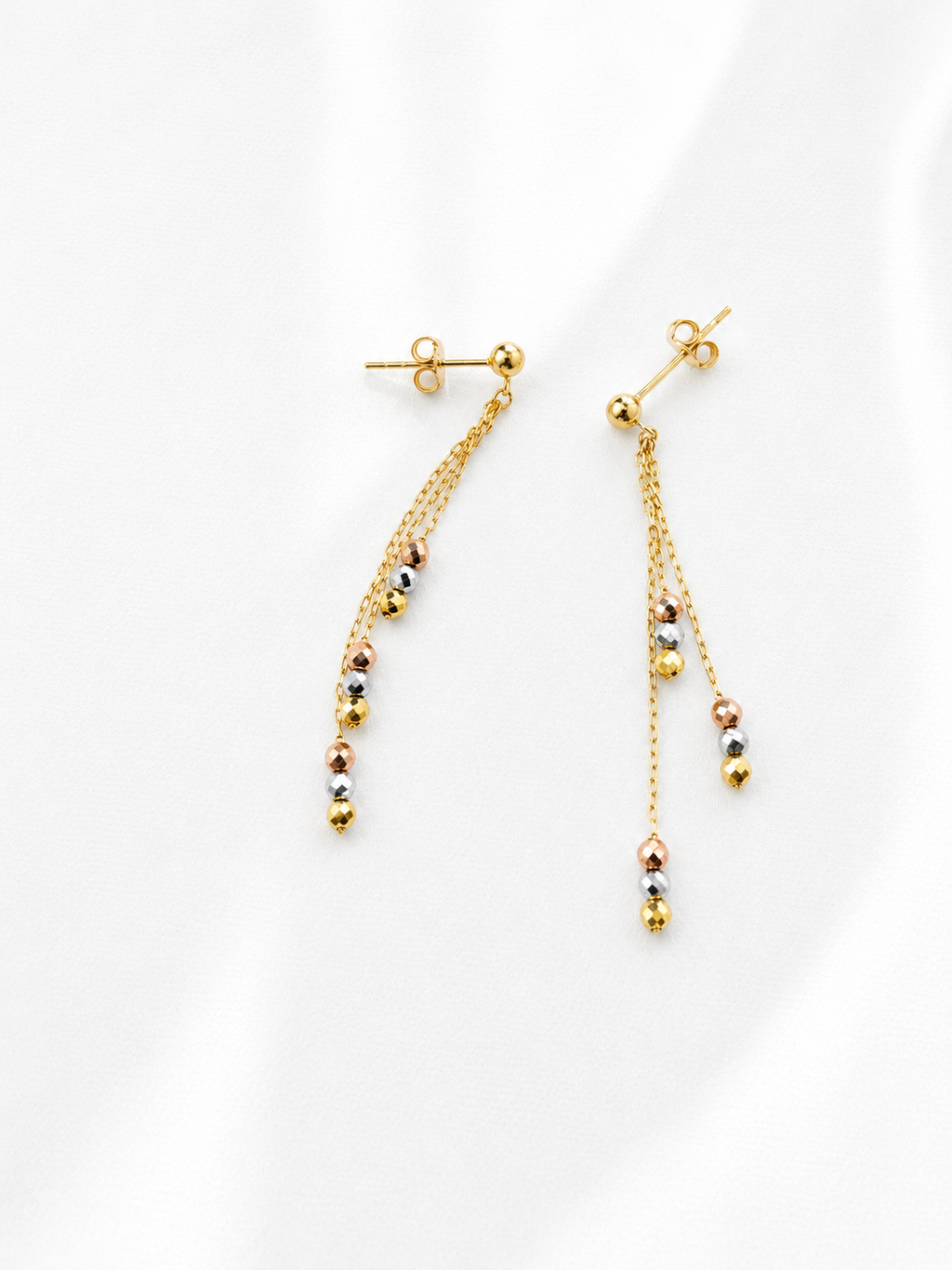 18K Solid Gold Tri-Tone Beaded Drop Earrings
