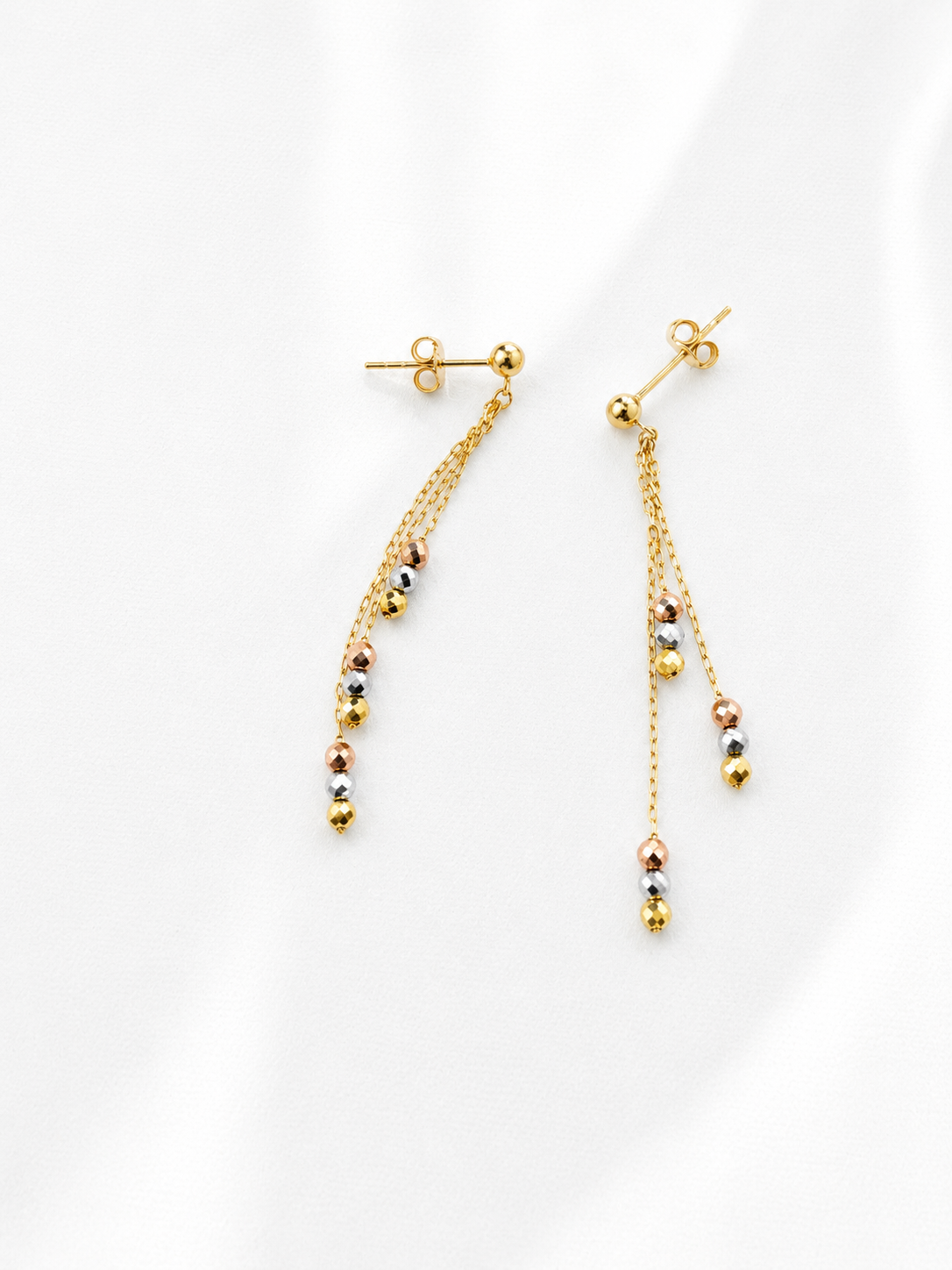 18K Solid Gold Tri-Tone Beaded Drop Earrings
