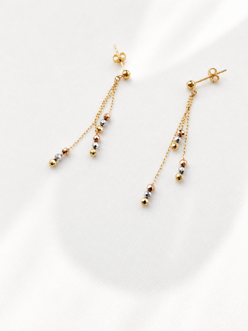 18K Solid Gold Tri-Tone Beaded Drop Earrings