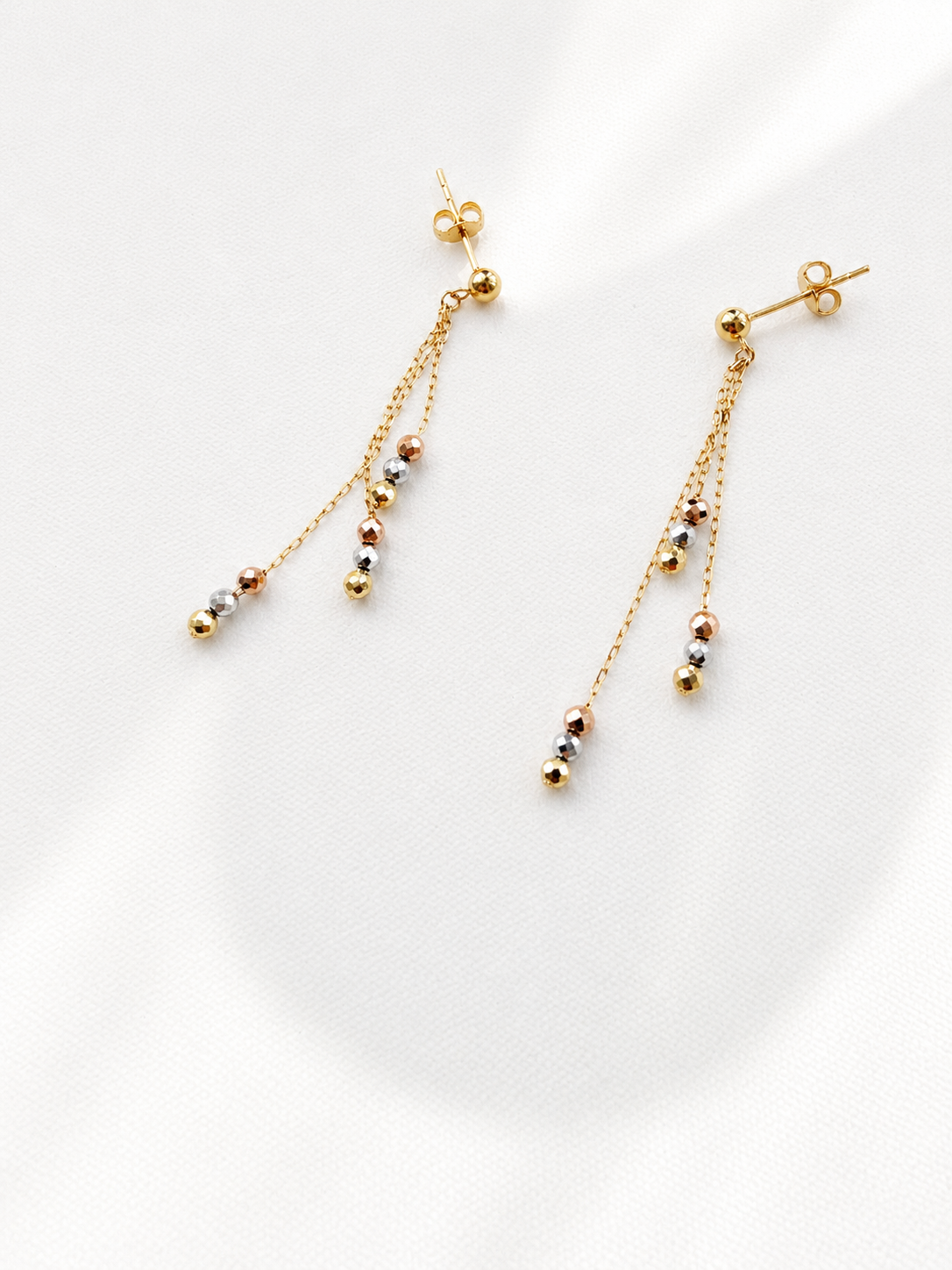 18K Solid Gold Tri-Tone Beaded Drop Earrings