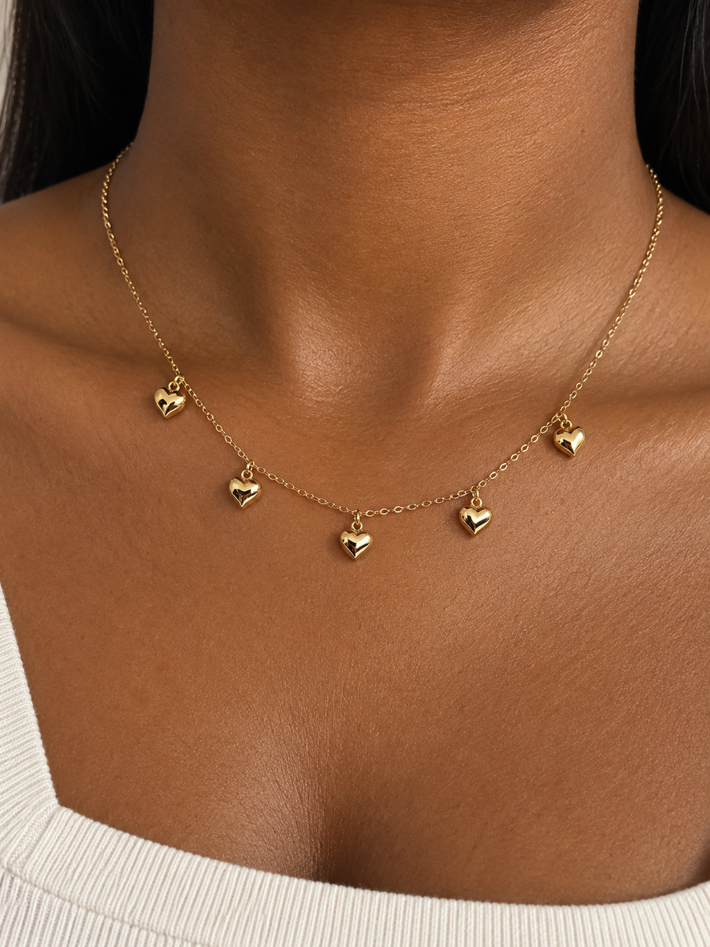 18K Solid Gold Dainty Five Heart Charm Necklace
