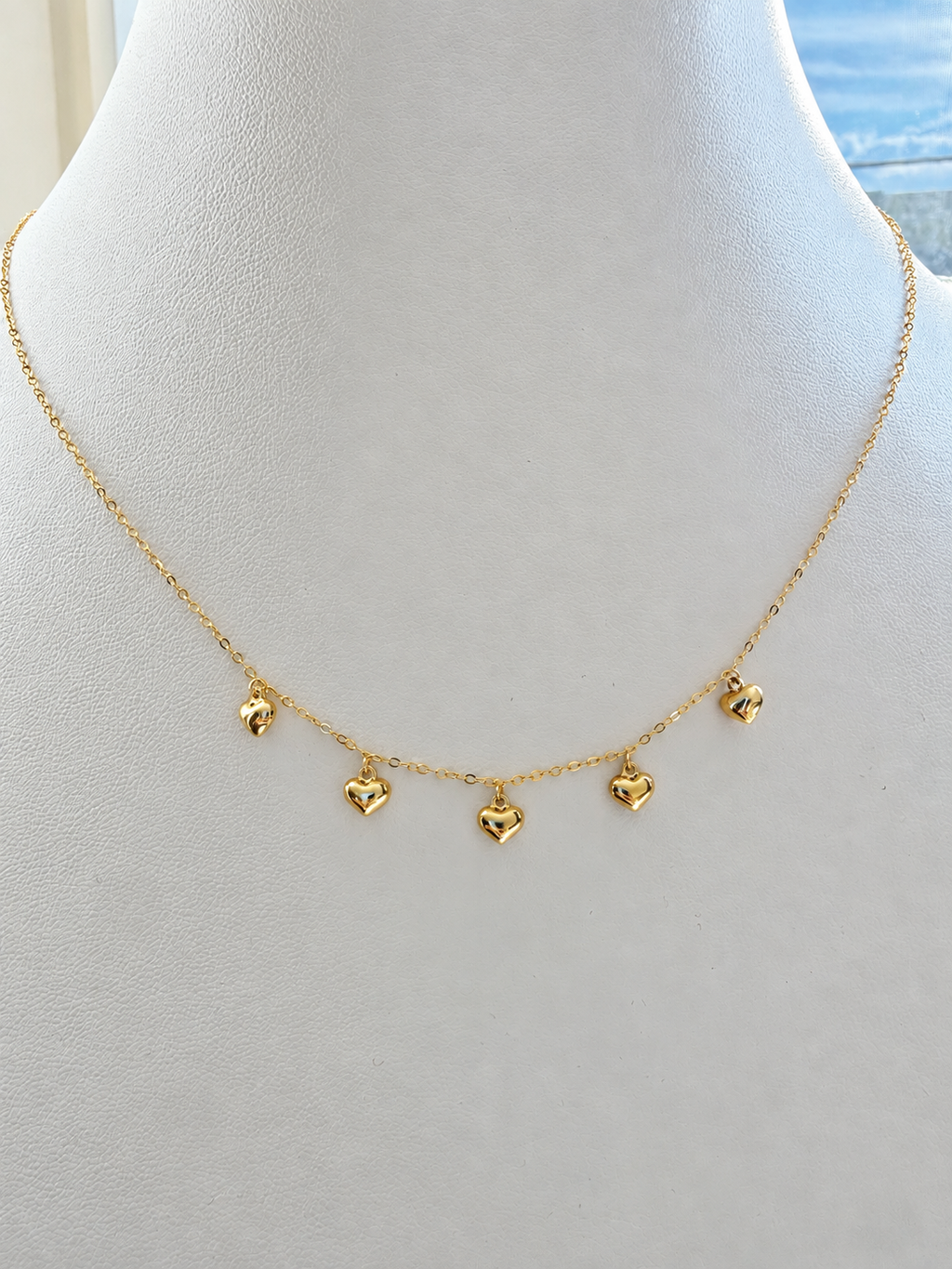 18K Solid Gold Dainty Five Heart Charm Necklace
