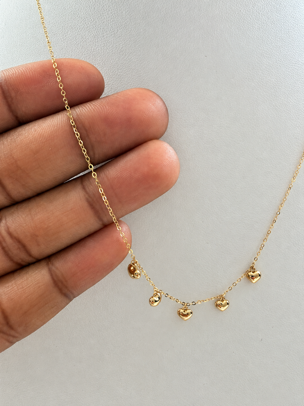 18K Solid Gold Dainty Five Heart Charm Necklace
