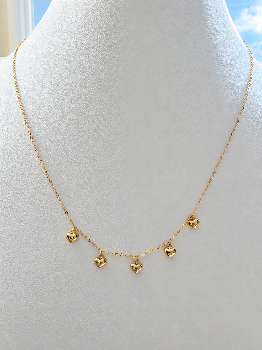 18K Solid Gold Dainty Five Heart Charm Necklace