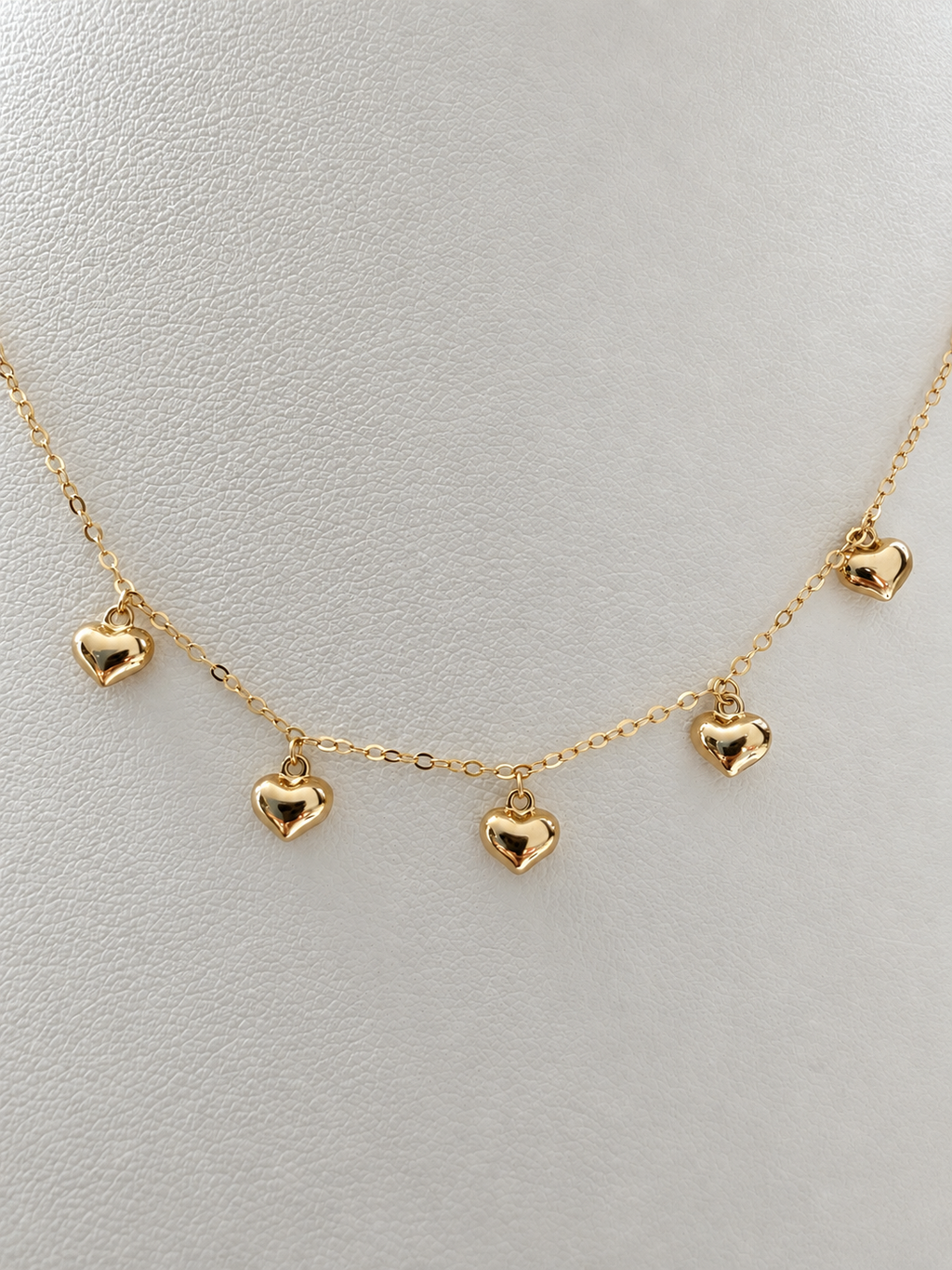 18K Solid Gold Dainty Five Heart Charm Necklace