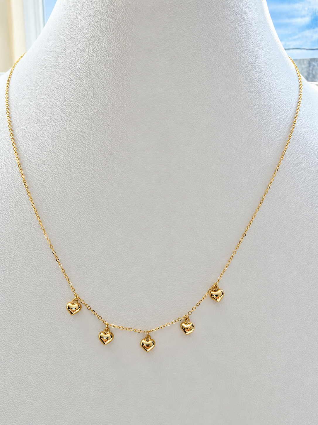 18K Solid Gold Dainty Five Heart Charm Necklace