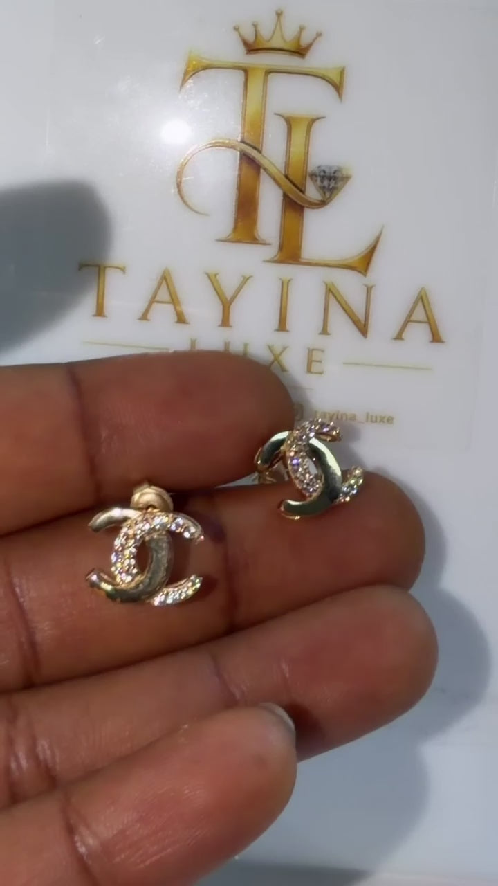 18K Solid Gold Double C Stud Earrings