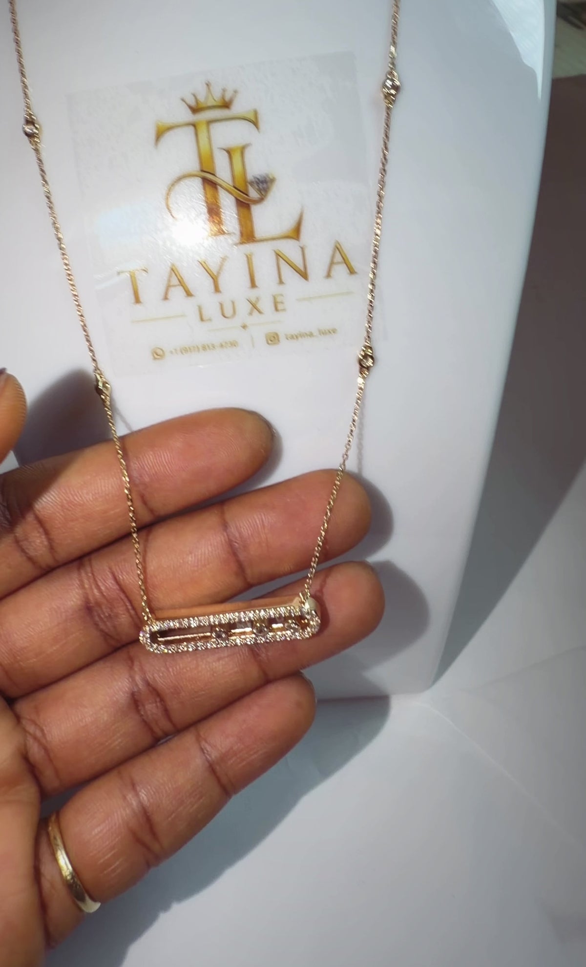 18K Solid Gold Open Bar Pendant Necklace
