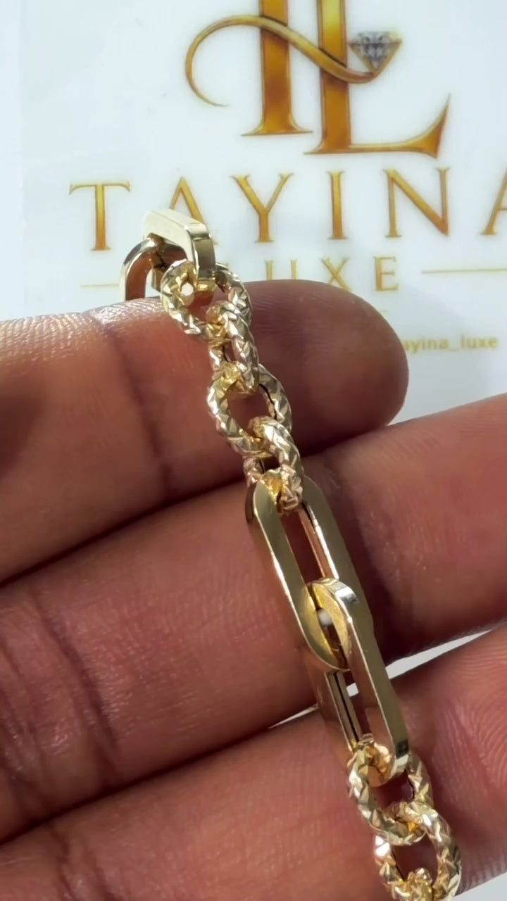 18K Solid Gold Paperclip & Textured Link Bracelet