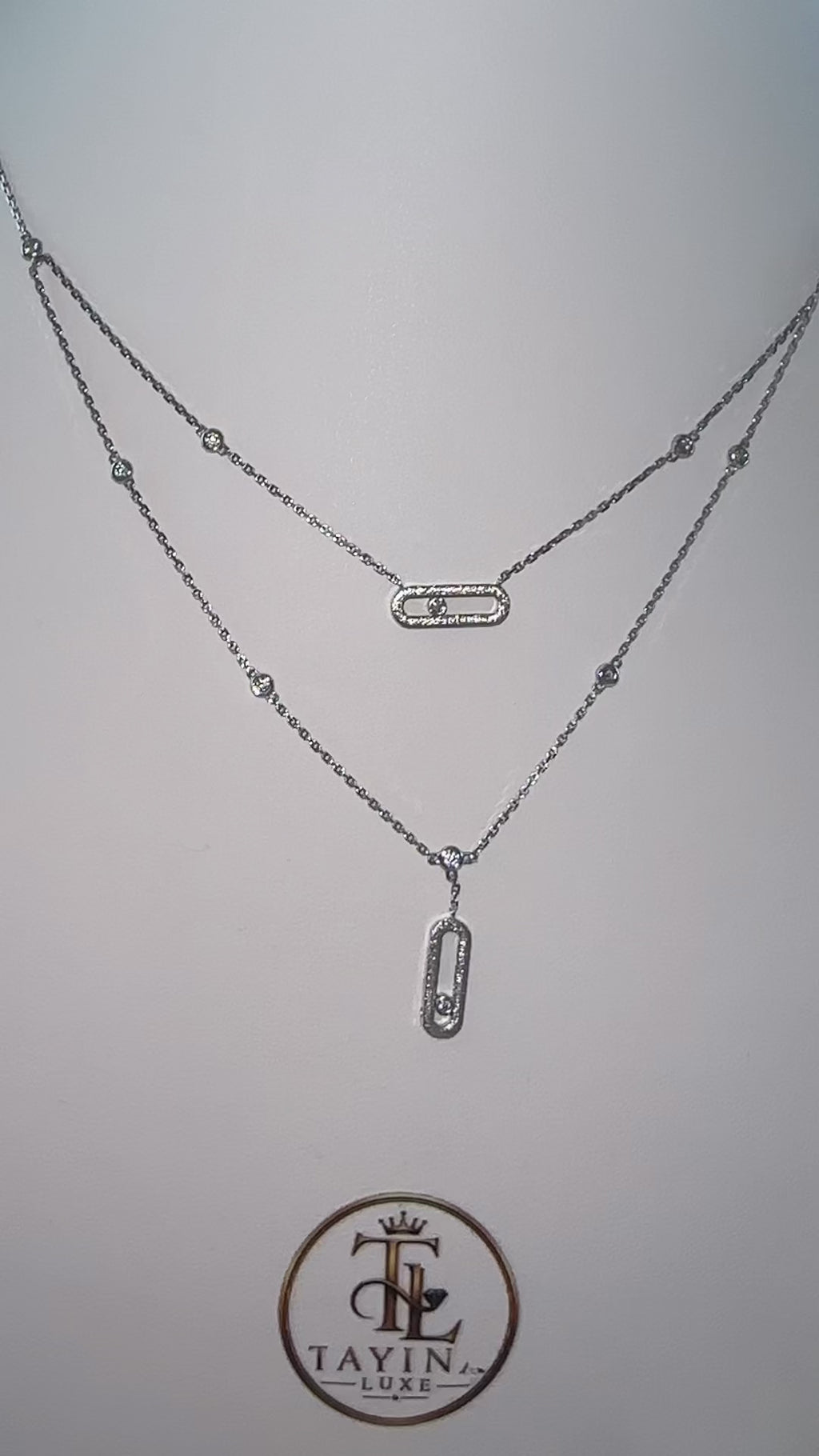 18K Solid White Gold Double Layer Bar Necklace