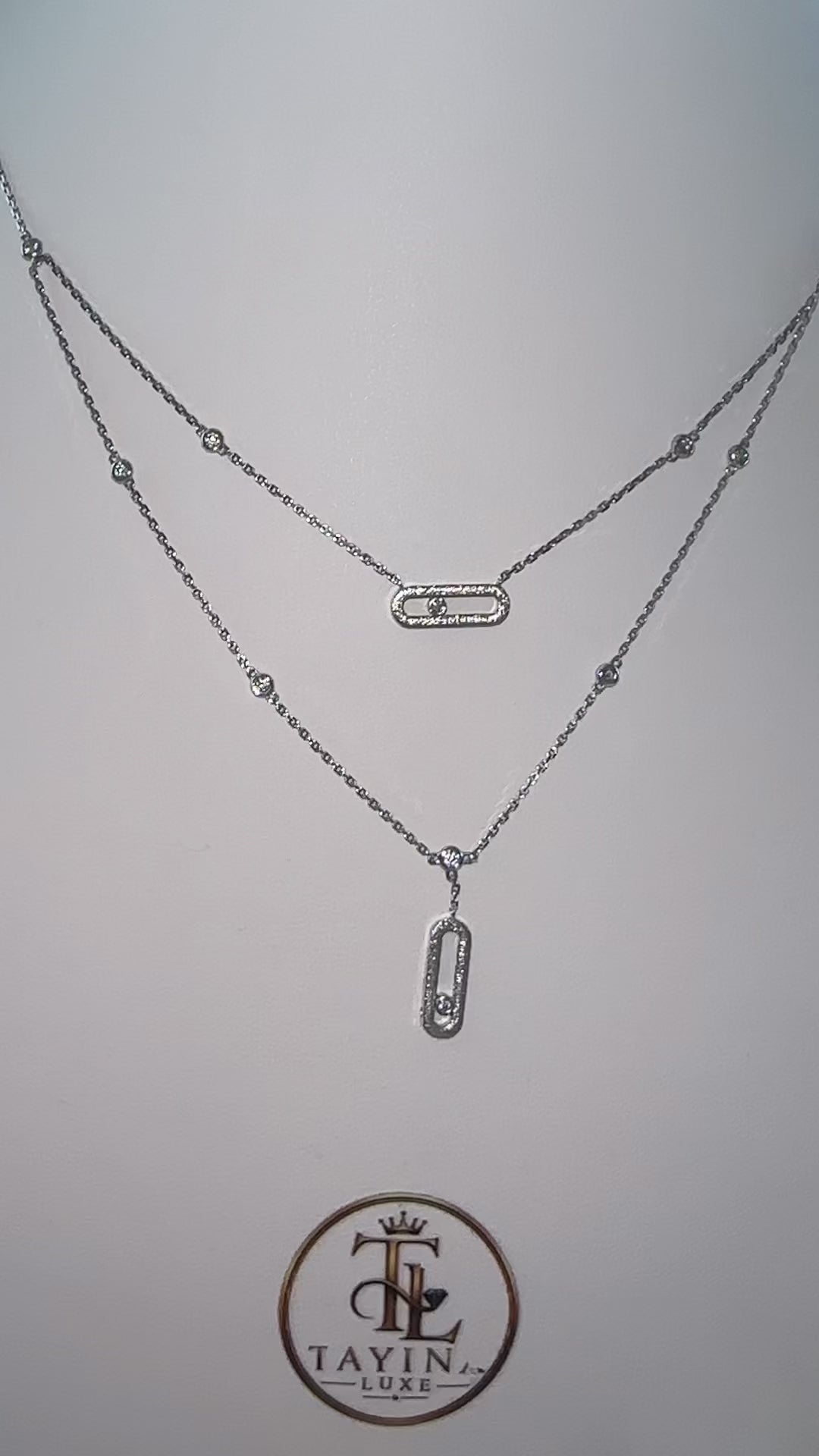 18K Solid White Gold Double Layer Bar Necklace